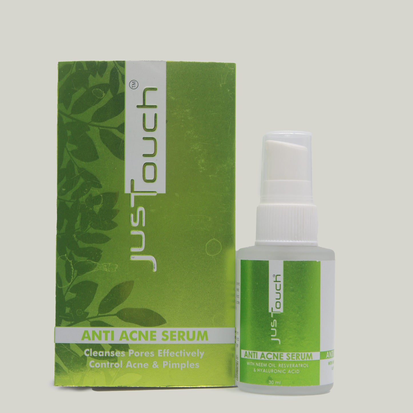 Just Touch anti-acne serum bottle with packaging
