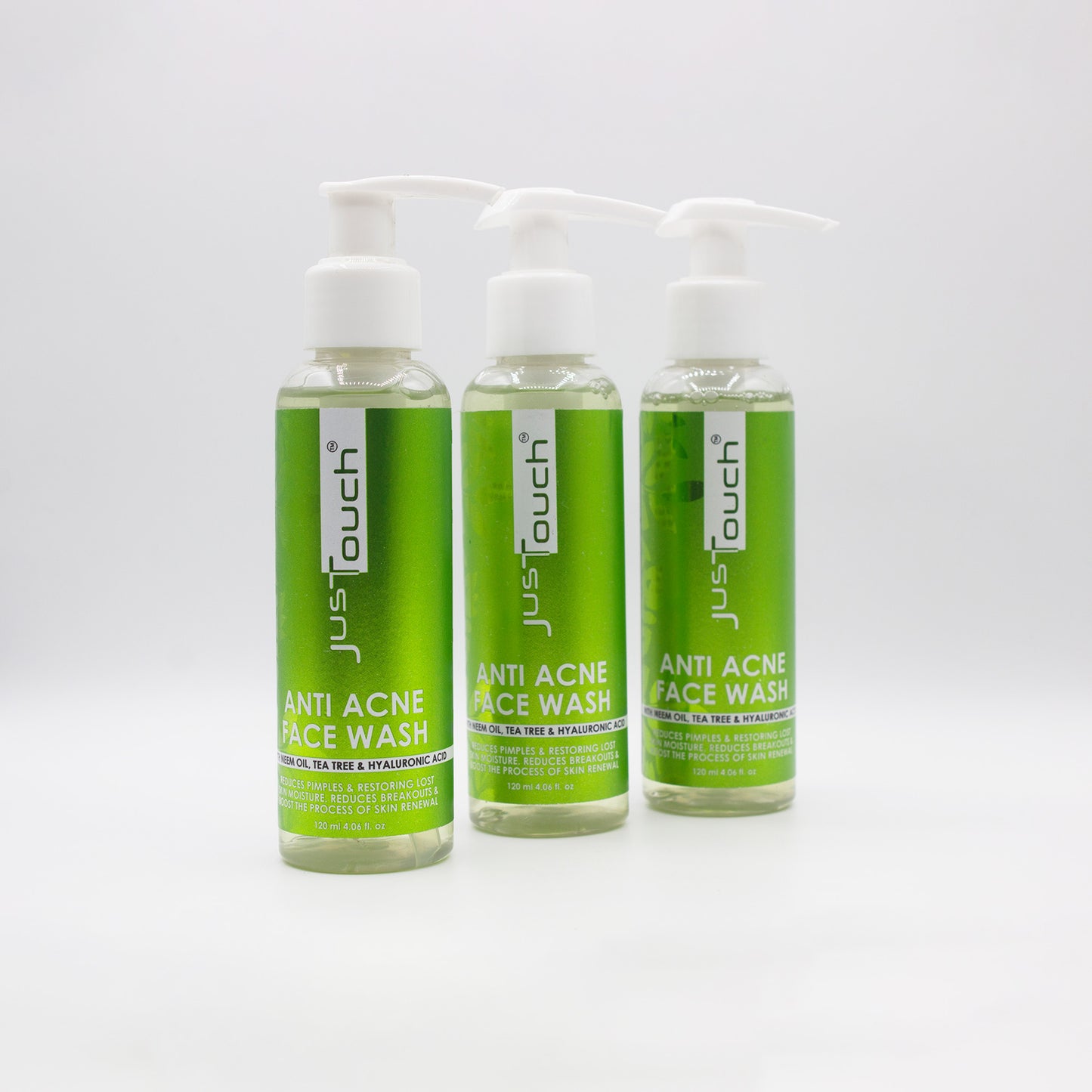 Three bottles of Anti Acne Face Wash by JustTouch