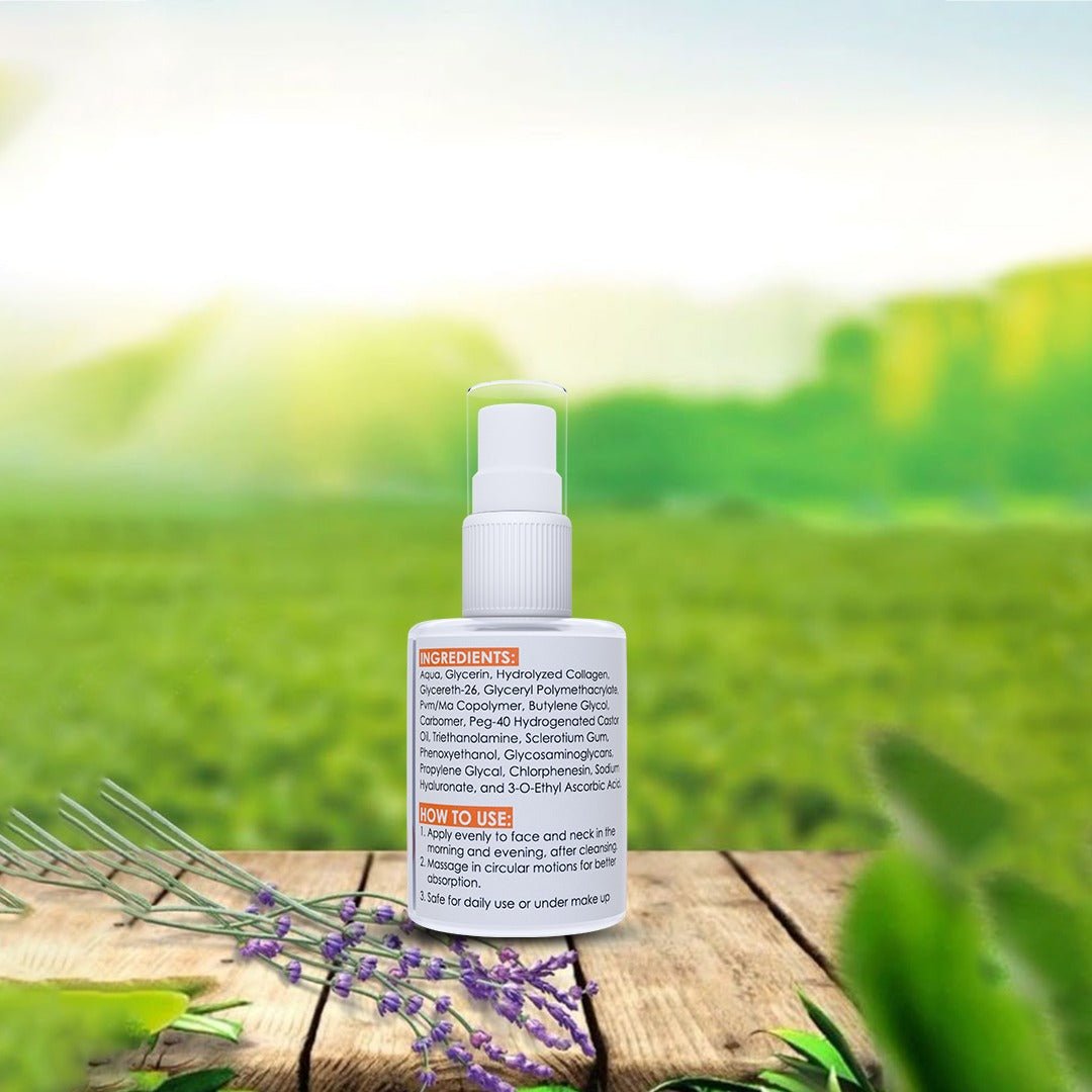JusTouch vitamin c serum bottle's ingredients label on a wooden surface with greenery in the background