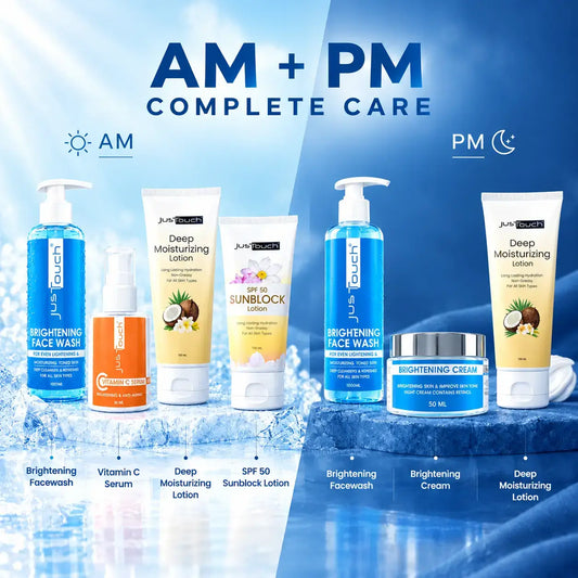 JustTouch winter skincare bundle featuring AM and PM skincare essentials, including brightening facewash, vitamin C serum, deep moisturizing lotion, SPF 50 sunblock lotion, and brightening cream.