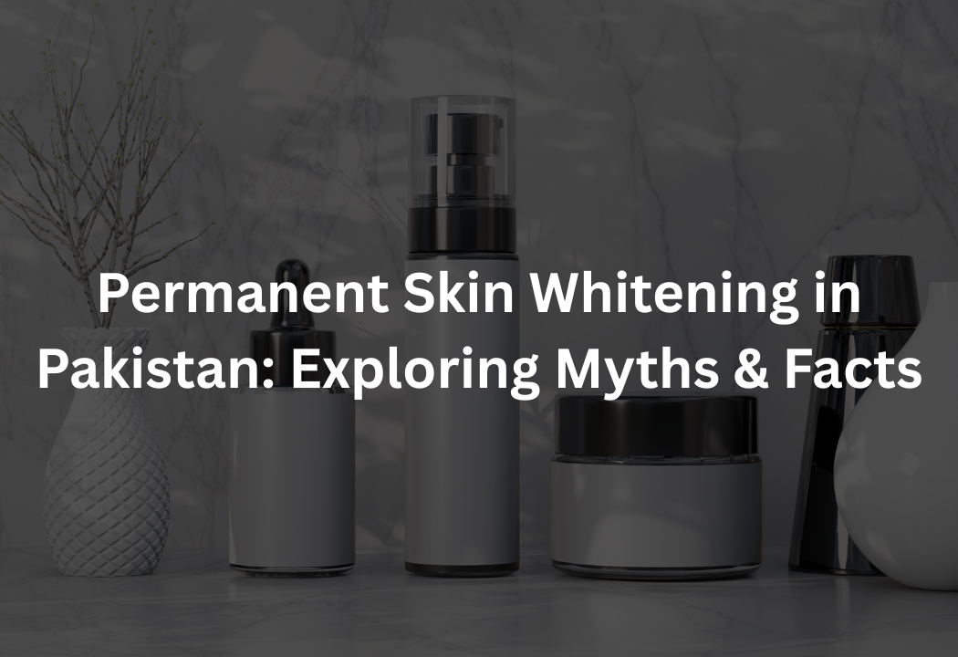 Skincare product bottles and jars on marble background with text about myths and facts in Pakistan