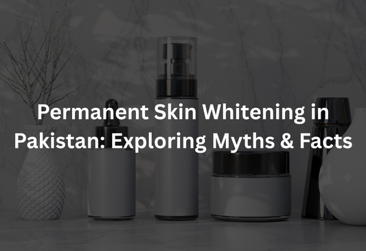 Skincare product bottles and jars on marble background with text about myths and facts in Pakistan
