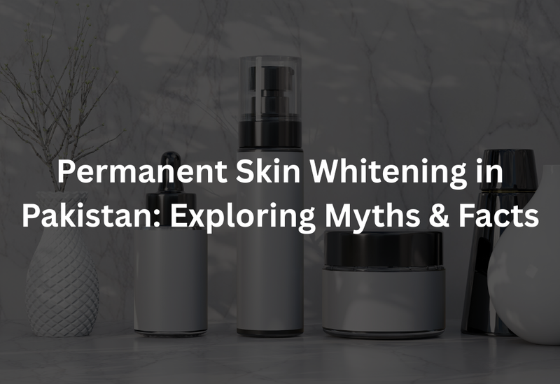 Skincare product bottles and jars on marble background with text about myths and facts in Pakistan