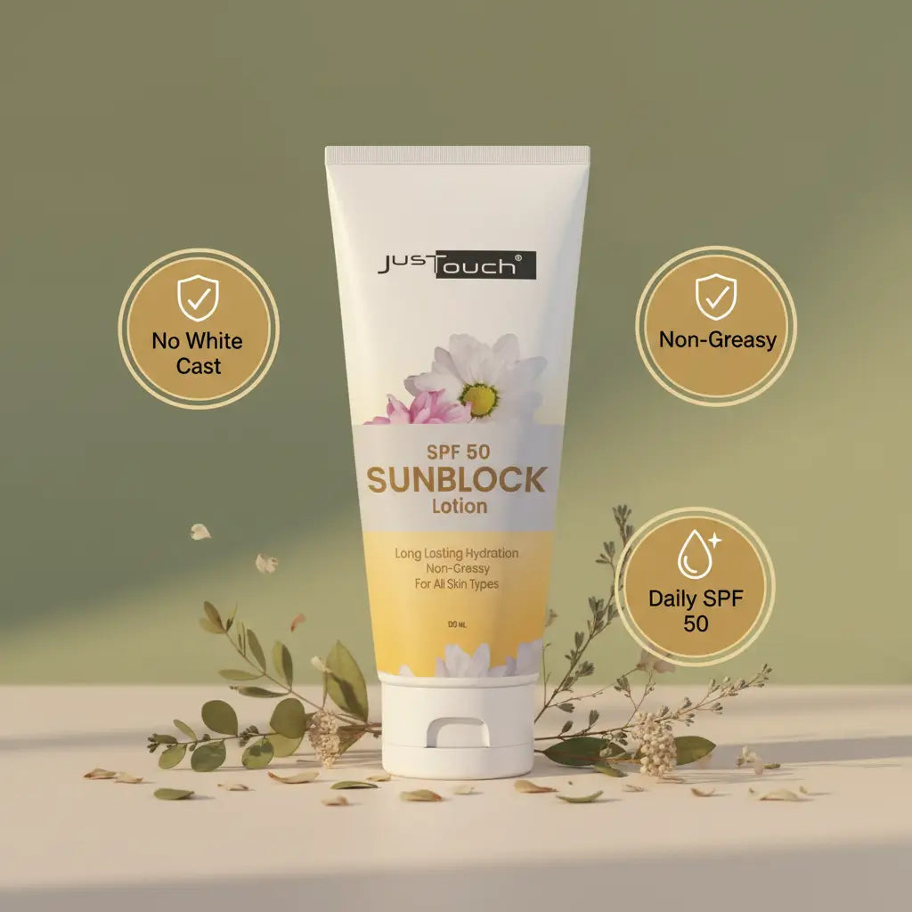A close-up product shot of JusTouch Sunblock on a clean bright background with key benefits listed alongside — No white cast, Non-greasy, Daily SPF — styled in JusTouch brand colors.
