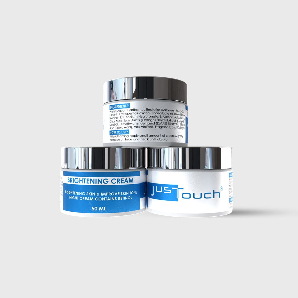 Three jars of 'Just Touch' brightening cream