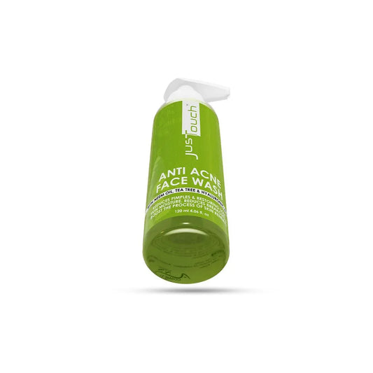 Green bottle of Just Touch Anti Acne Face Wash bottom view