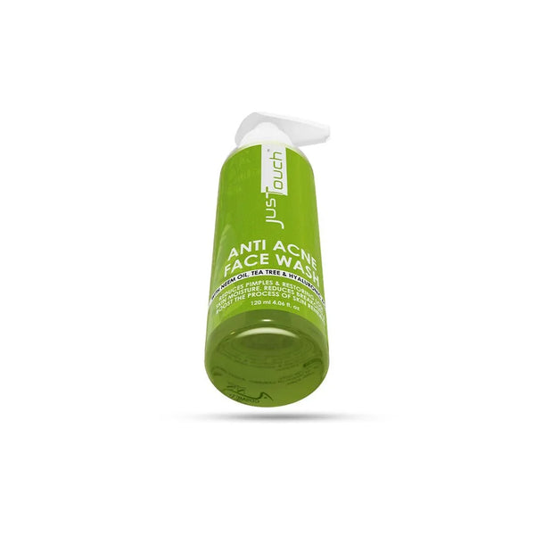 Green bottle of Just Touch Anti Acne Face Wash bottom view