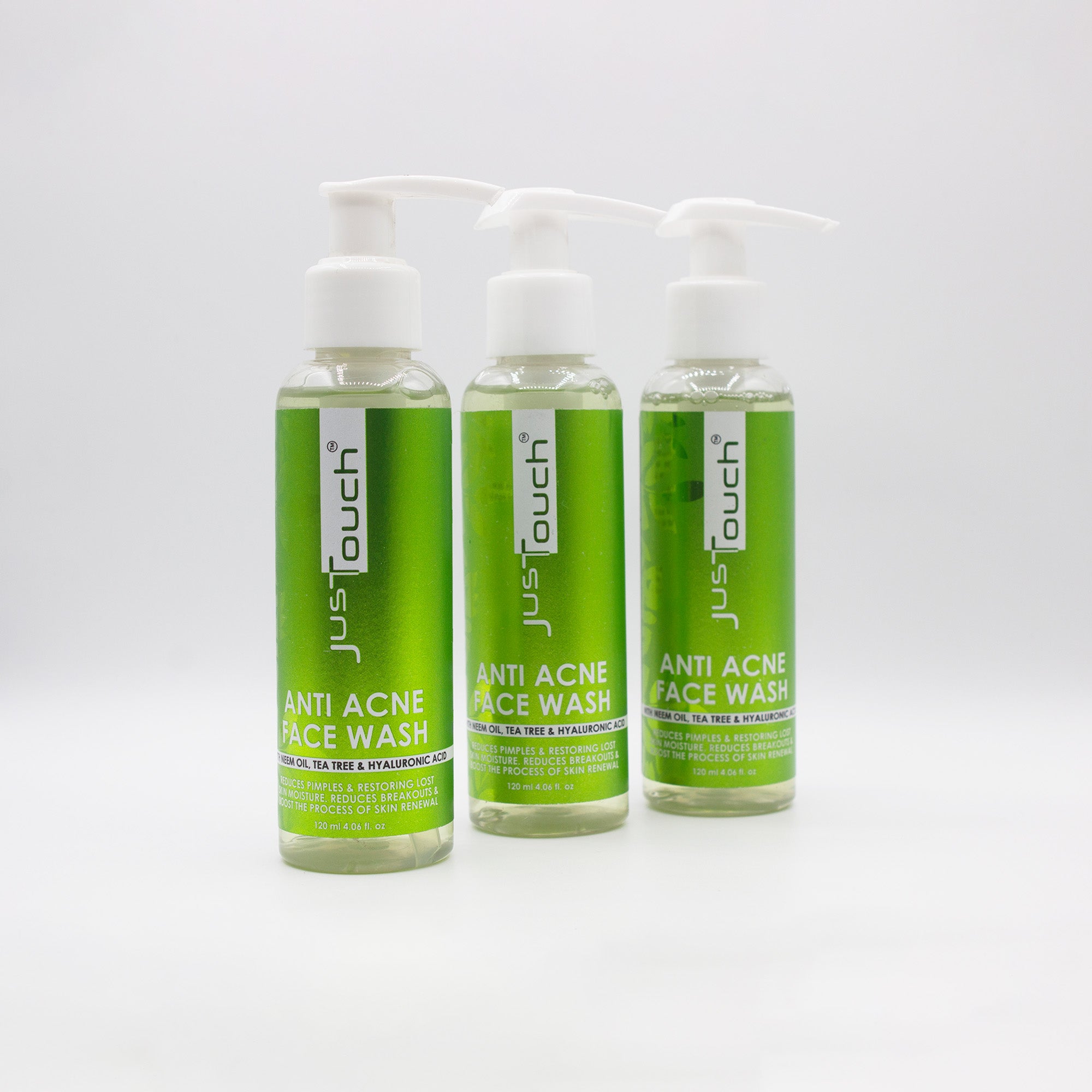 Three bottles of Anti Acne Face Wash by JustTouch 
