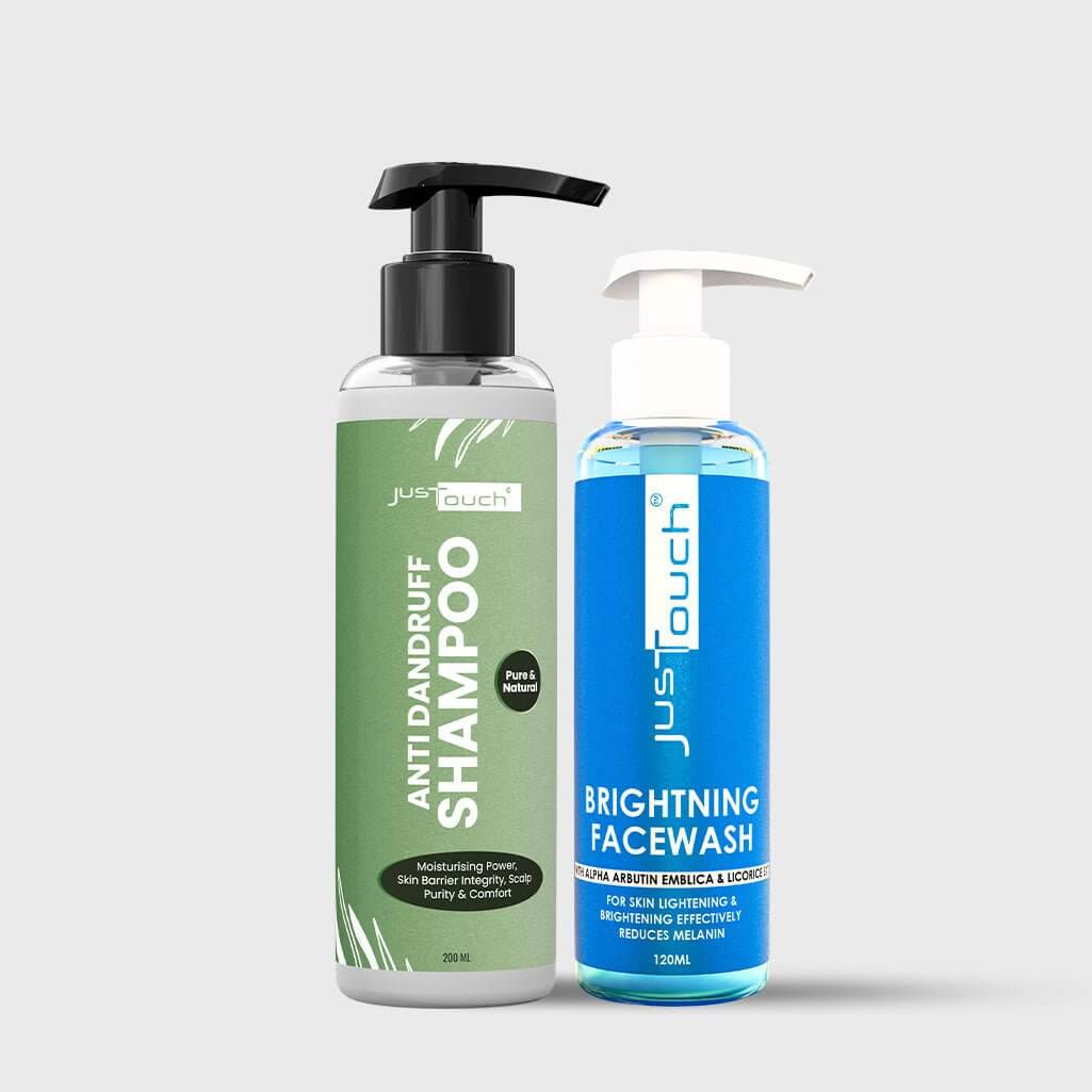 Bright & Fresh Bundle - Two bottles of JusTouch shampoo and facewash on a light gray background