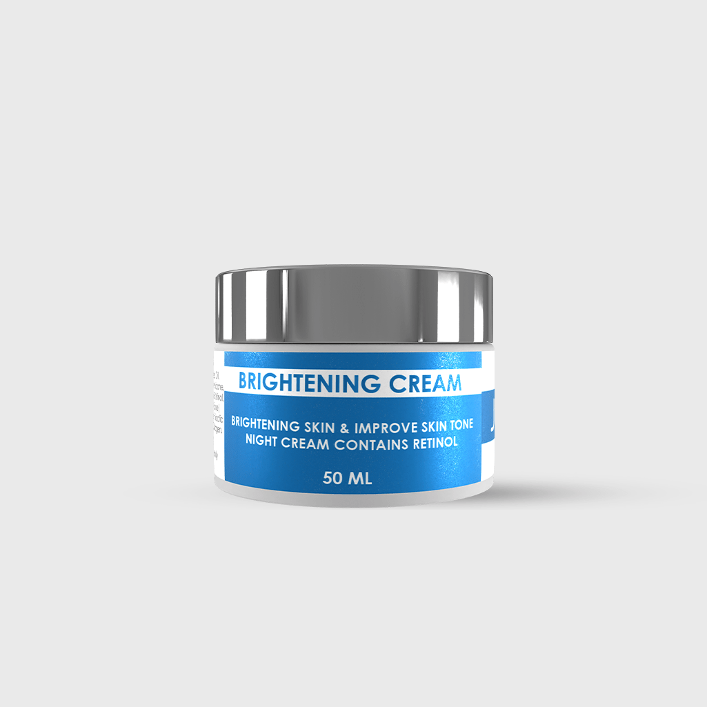 Jar of JusTouch skin whitening cream with blue label on a light gray background