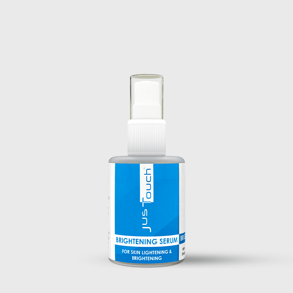 Bottle of JustTouch Brightening Serum on a white background