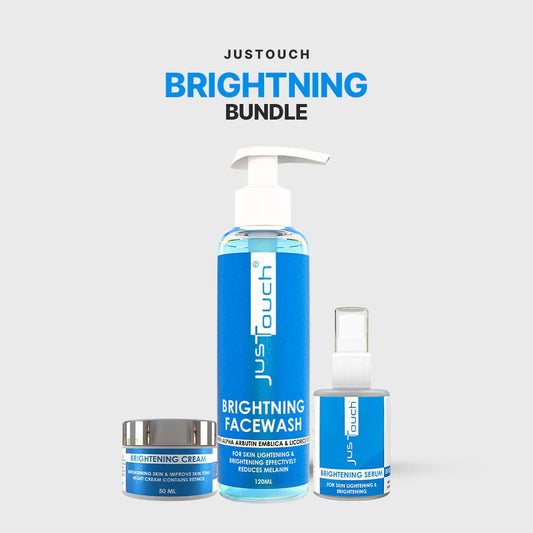 Just Touch Brightening Bundle with face wash, cream, and serum on a white background