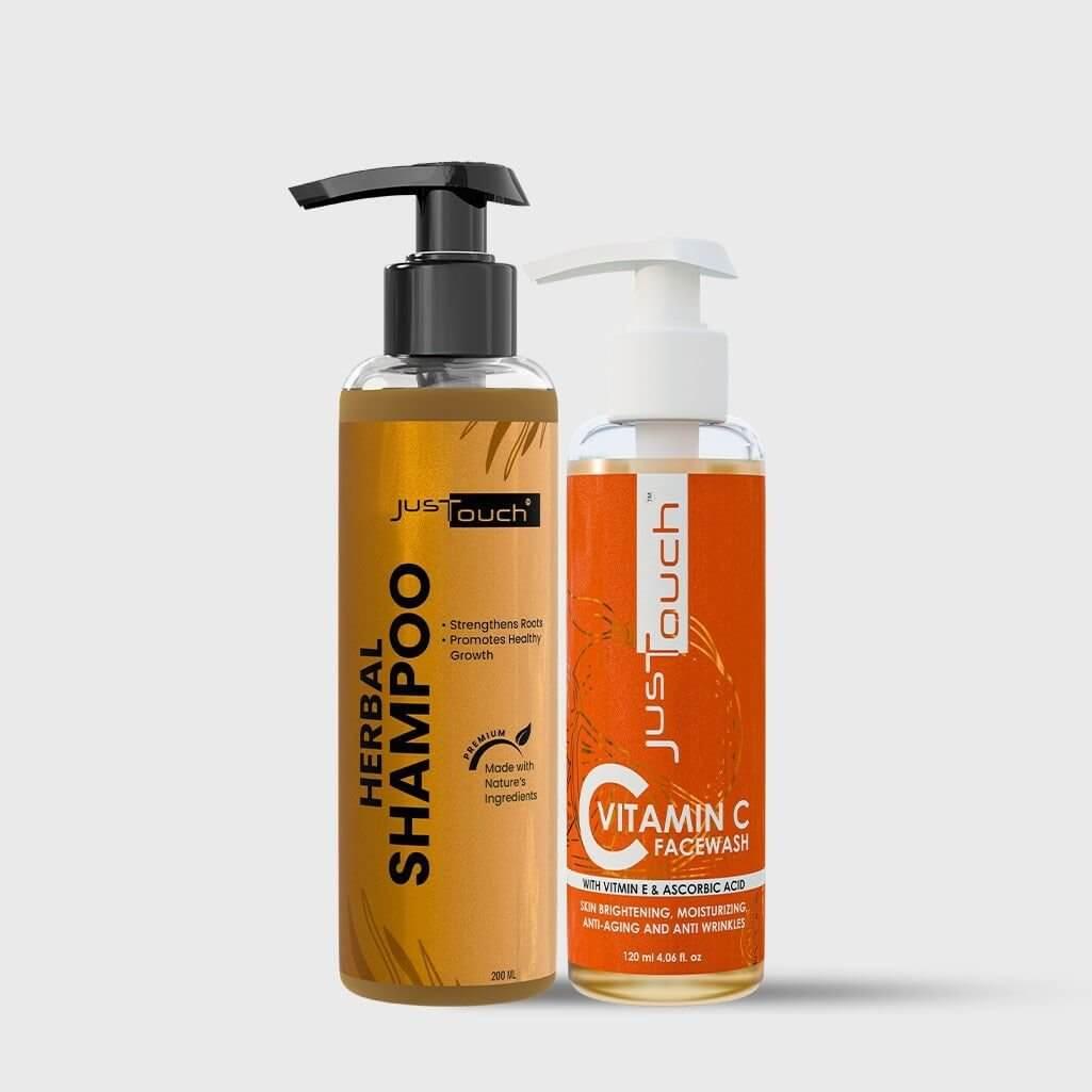 Glow & Nourish Duo | Vitamin C Face Wash + Herbal Shampoo on a white background