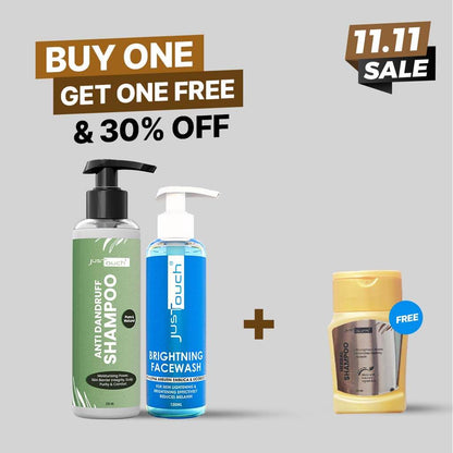 JusTouch 11.11 sale banner showing anti-dandruff shampoo and brightening facewash bundle with a free herbal shampoo, featuring 'Buy One Get One Free & 30% Off' offer.