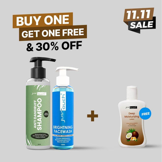 JusTouch 11.11 sale banner showing anti-dandruff shampoo and brightening facewash bundle with a free 100ml deep moisturizing lotion, featuring 'Buy One Get One Free & 30% Off' offer.