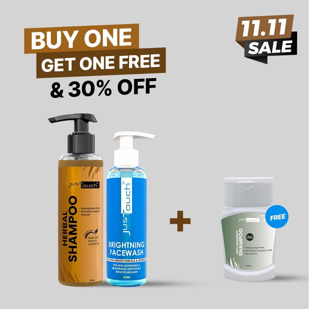 JusTouch 11.11 sale banner showing herbal shampoo and brightening facewash bundle with a free antioxidant shampoo, featuring 'Buy One Get One Free & 30% Off' offer.