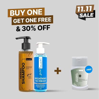 JusTouch 11.11 sale banner showing herbal shampoo and brightening facewash bundle with a free antioxidant shampoo, featuring 'Buy One Get One Free & 30% Off' offer.