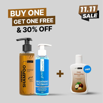 JusTouch 11.11 sale banner showing herbal shampoo and brightening facewash bundle with a free deep moisturizing lotion, featuring 'Buy One Get One Free & 30% Off' offer.
