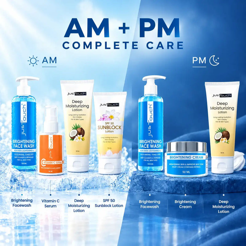 JustTouch winter skincare bundle featuring AM and PM skincare essentials, including brightening facewash, vitamin C serum, deep moisturizing lotion, SPF 50 sunblock lotion, and brightening cream.