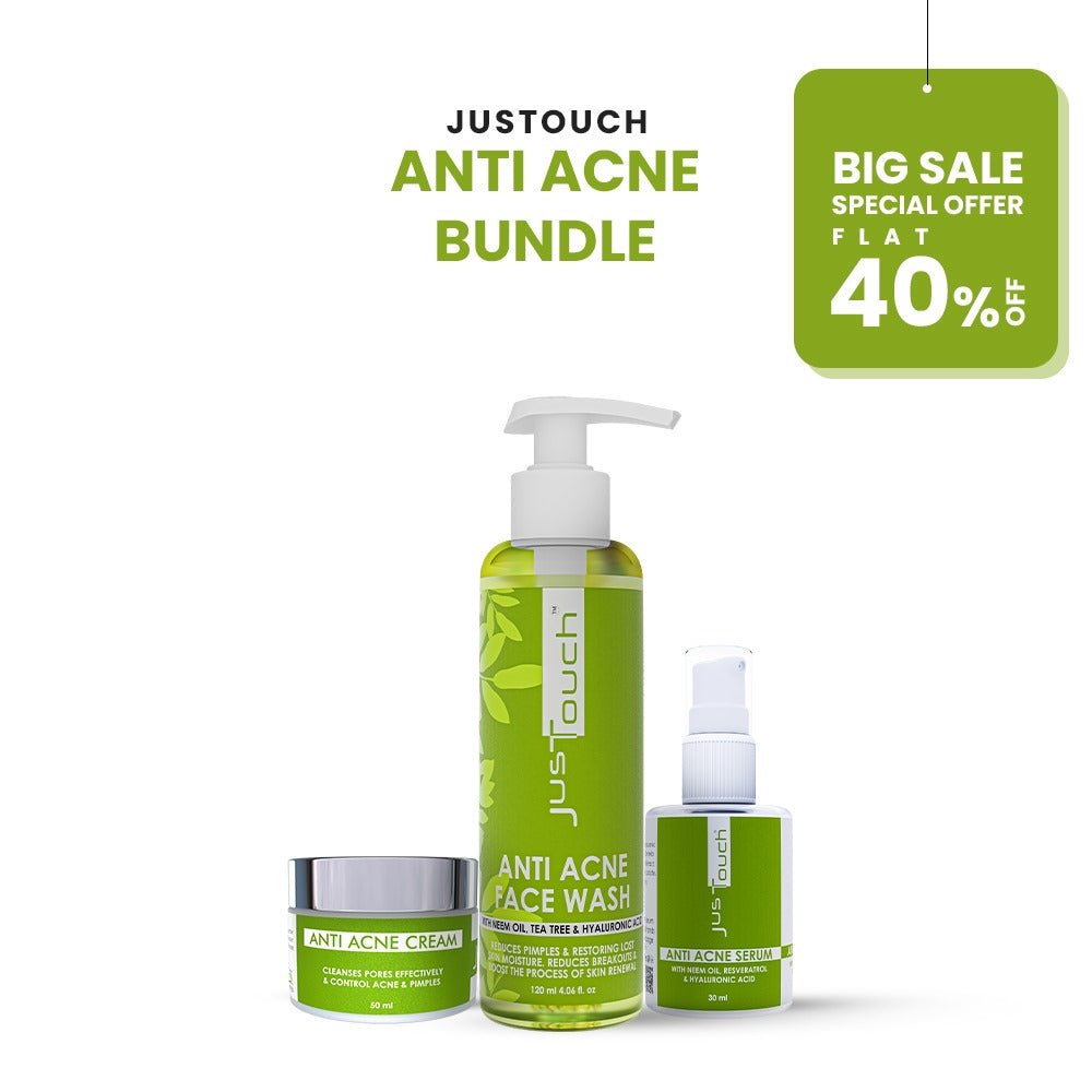 Justouch anti-acne bundle 40% off with face wash, cream, and serum on a white background