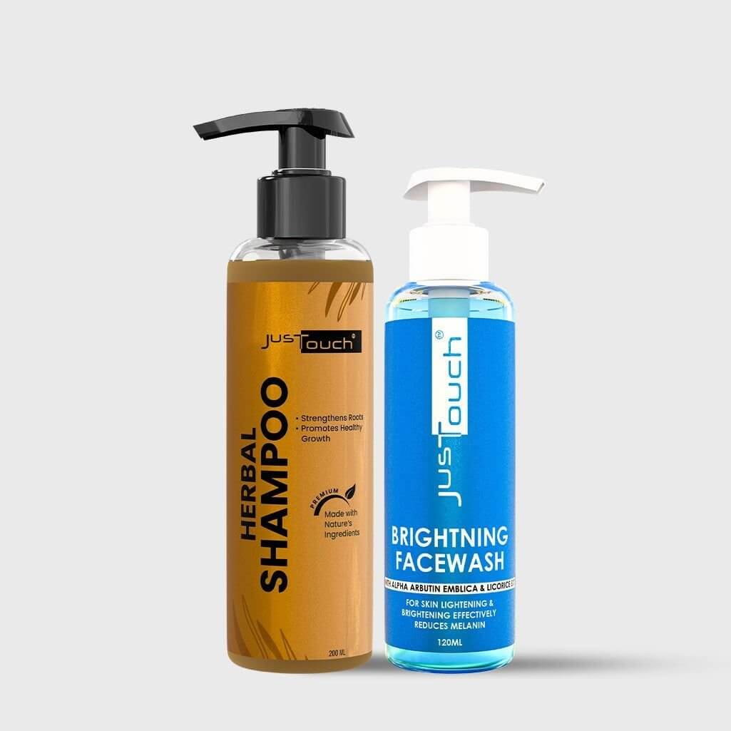 Natural Glow Duo | Herbal shampoo and brightening facewash bottles by Just Touch 