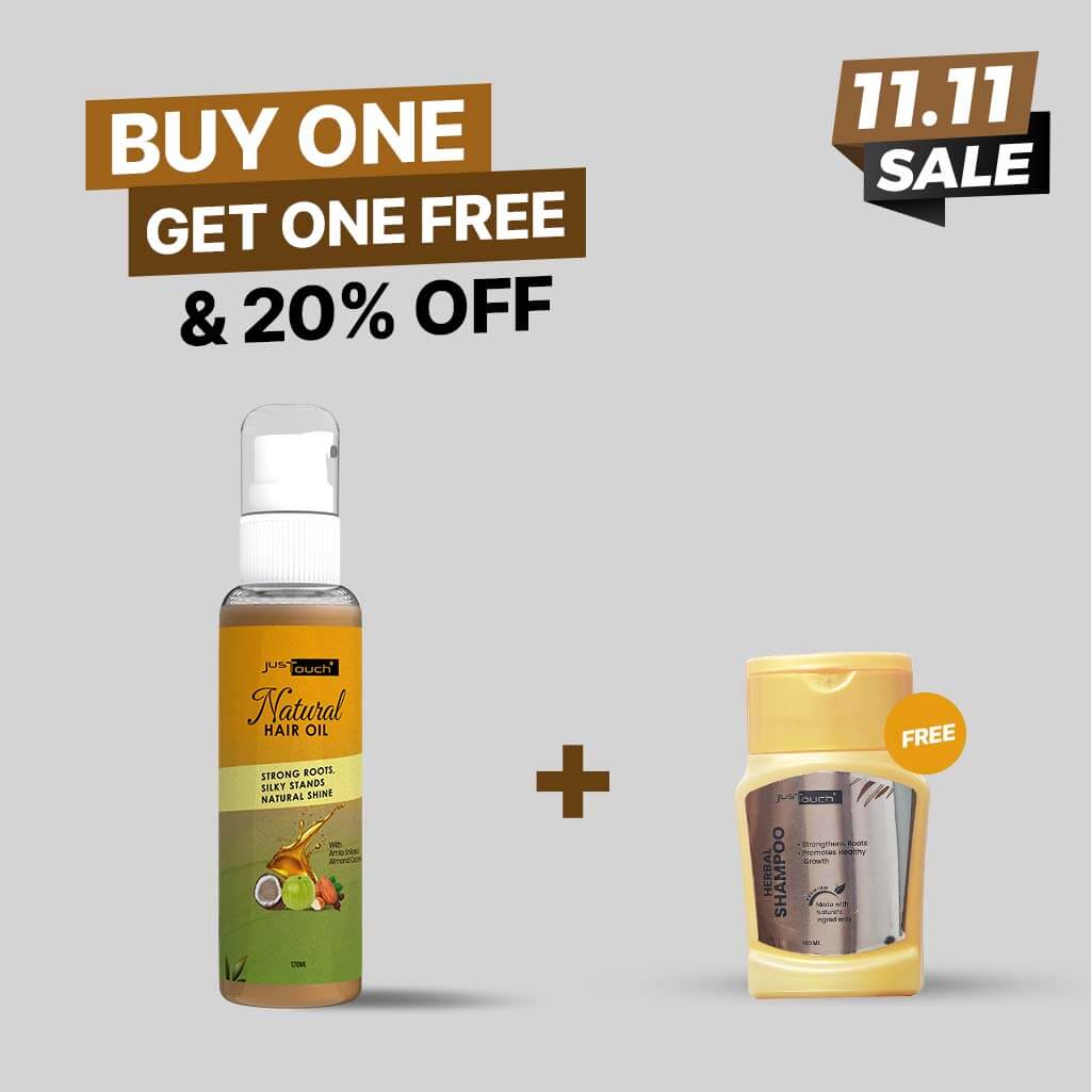 Promotional offer for natural hair oil with a free herbal shampoo bottle, on a light gray background.