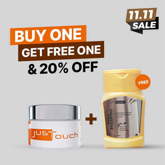 Promotional offer for 'Just Touch' skincare products with a jar and shampoo bottle on a gray background.