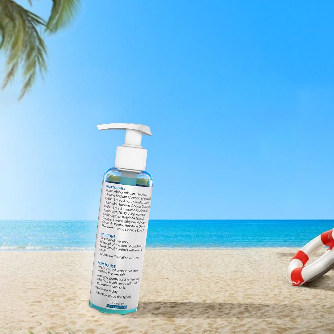 Just Touch brightening face wash on a beach with palm trees and blue sky.