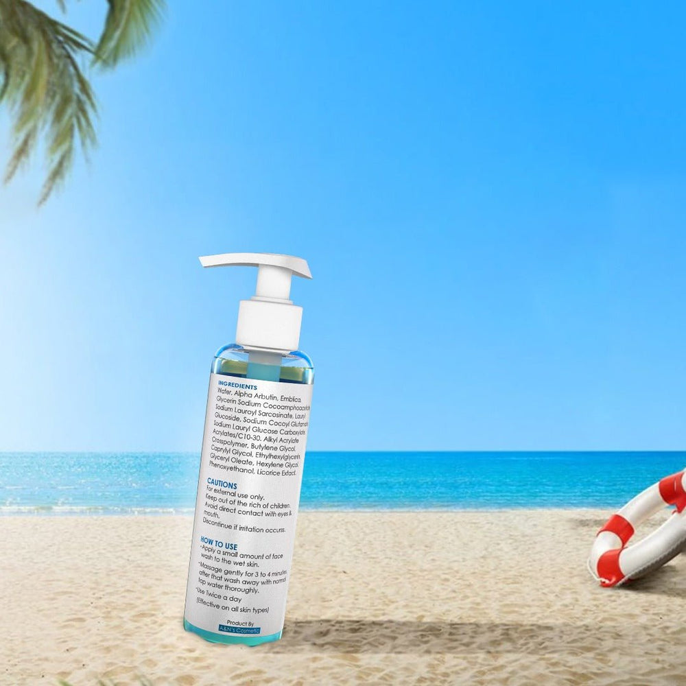 Just Touch brightening face wash on a beach with palm trees and blue sky.