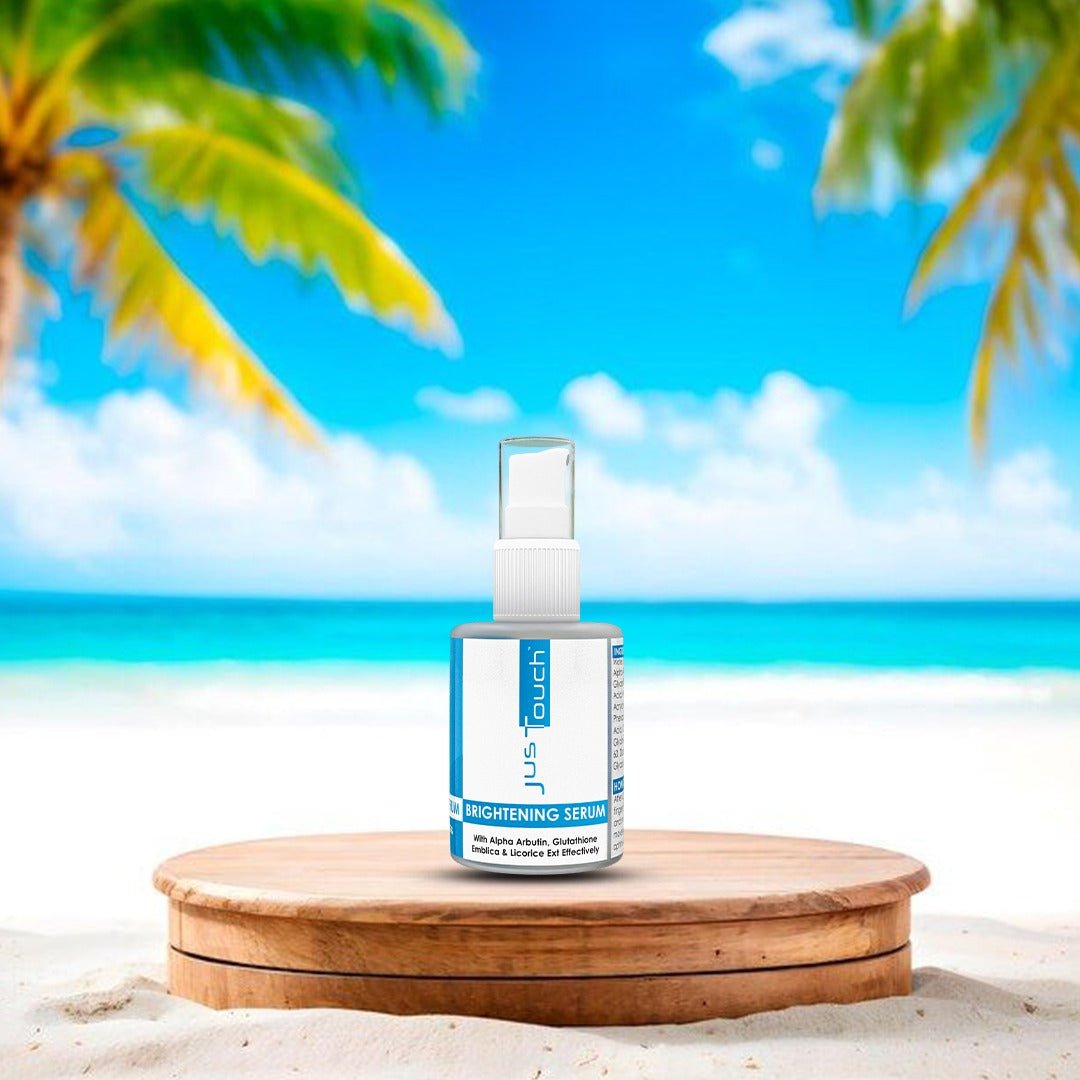 JusTouch skin whitening serum bottle   on a wooden stand with a beach and palm trees in the background