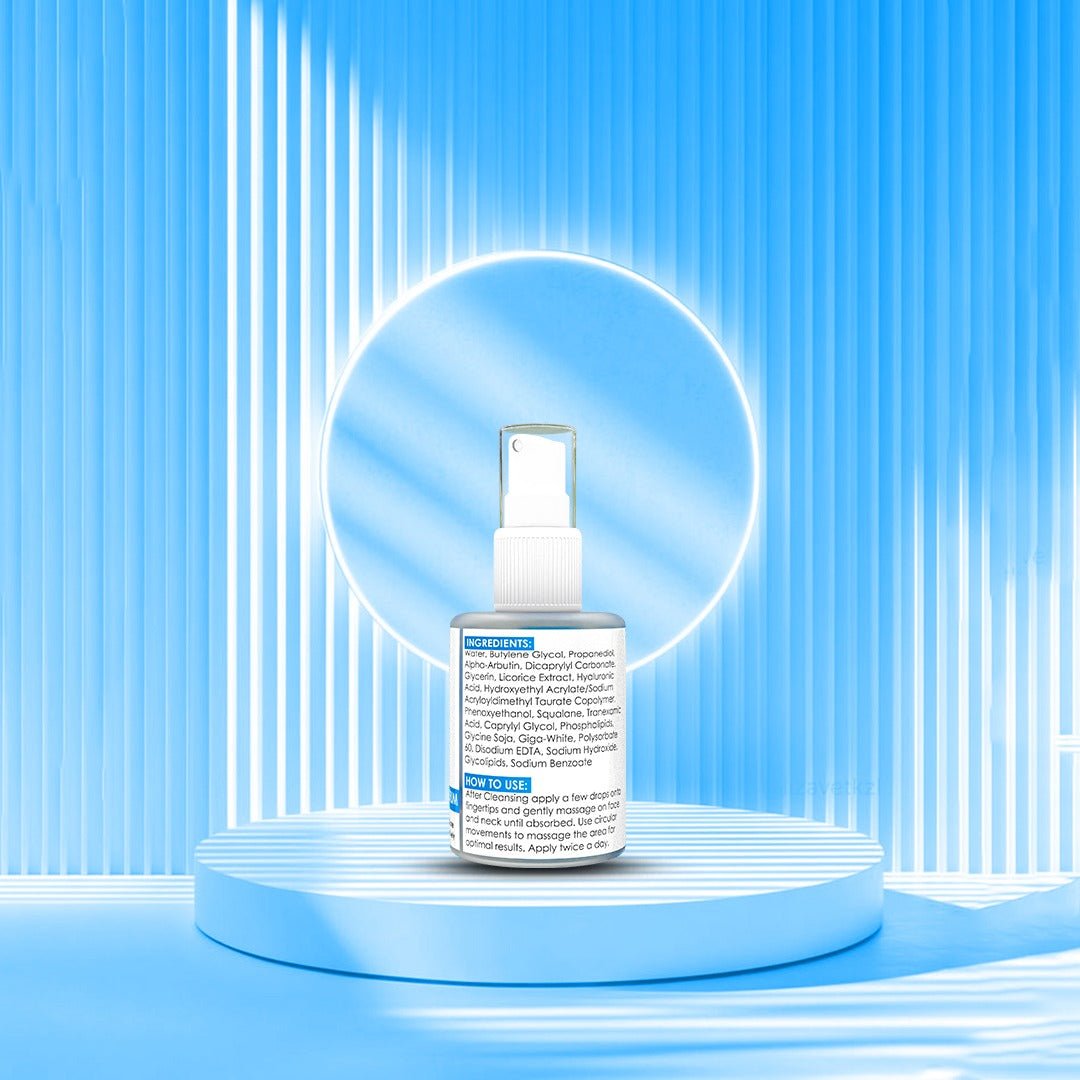 whitening serum bottle on a blue platform with a blue background
