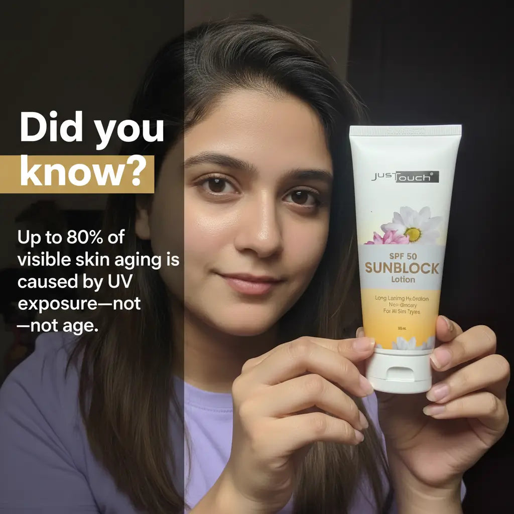 Woman holding SPF50 sunblock lotion - best sunblock in pakistan