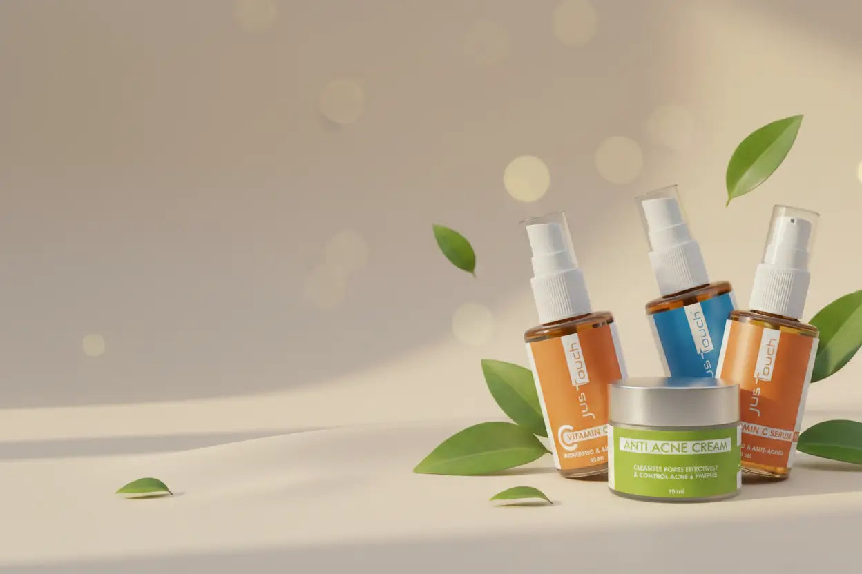 JusTouch organic skincare products – Vitamin C Serum, Brightening Serum and Anti Acne Cream arranged on cream fabric with green leaves