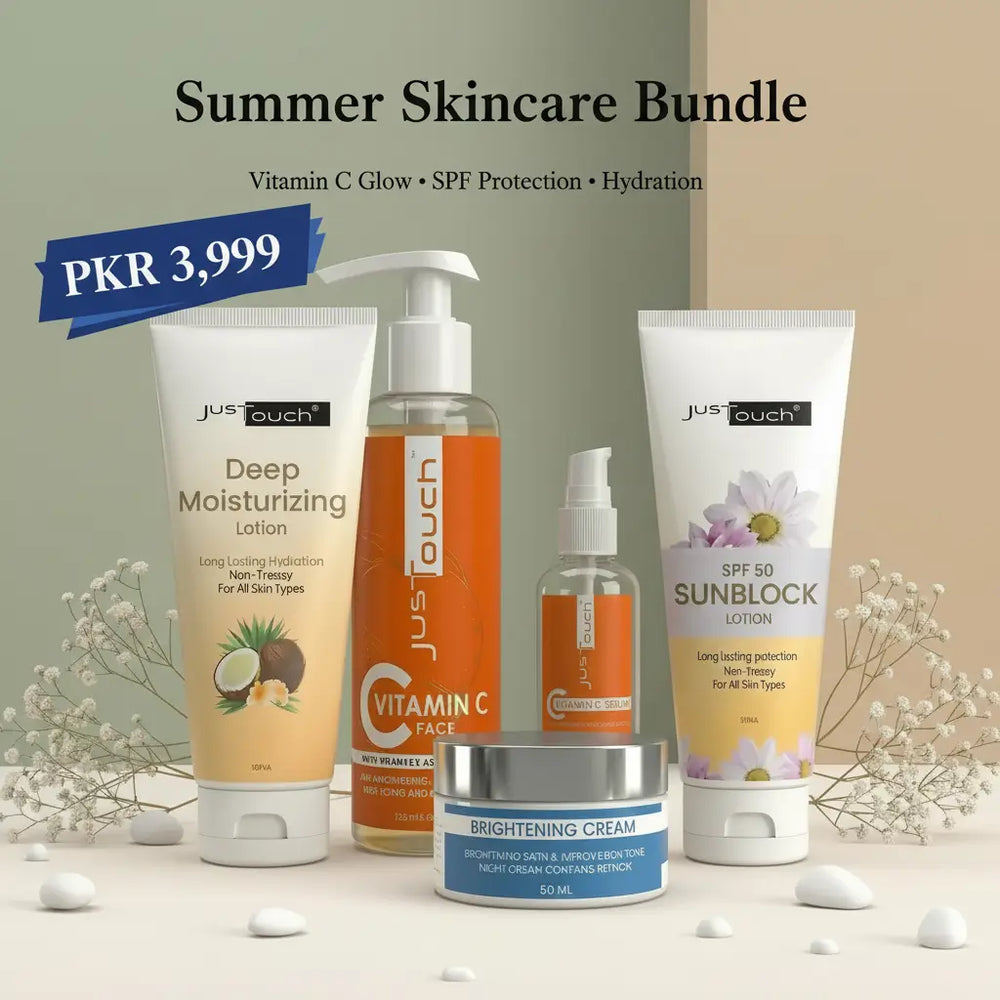 JusTouch Summer Skincare Bundle – Vitamin C Face Wash, Serum, SPF 50 Sunblock, Brightening Cream & Deep Moisturizing Lotion – Complete Routine at PKR 3,999 in Pakistan