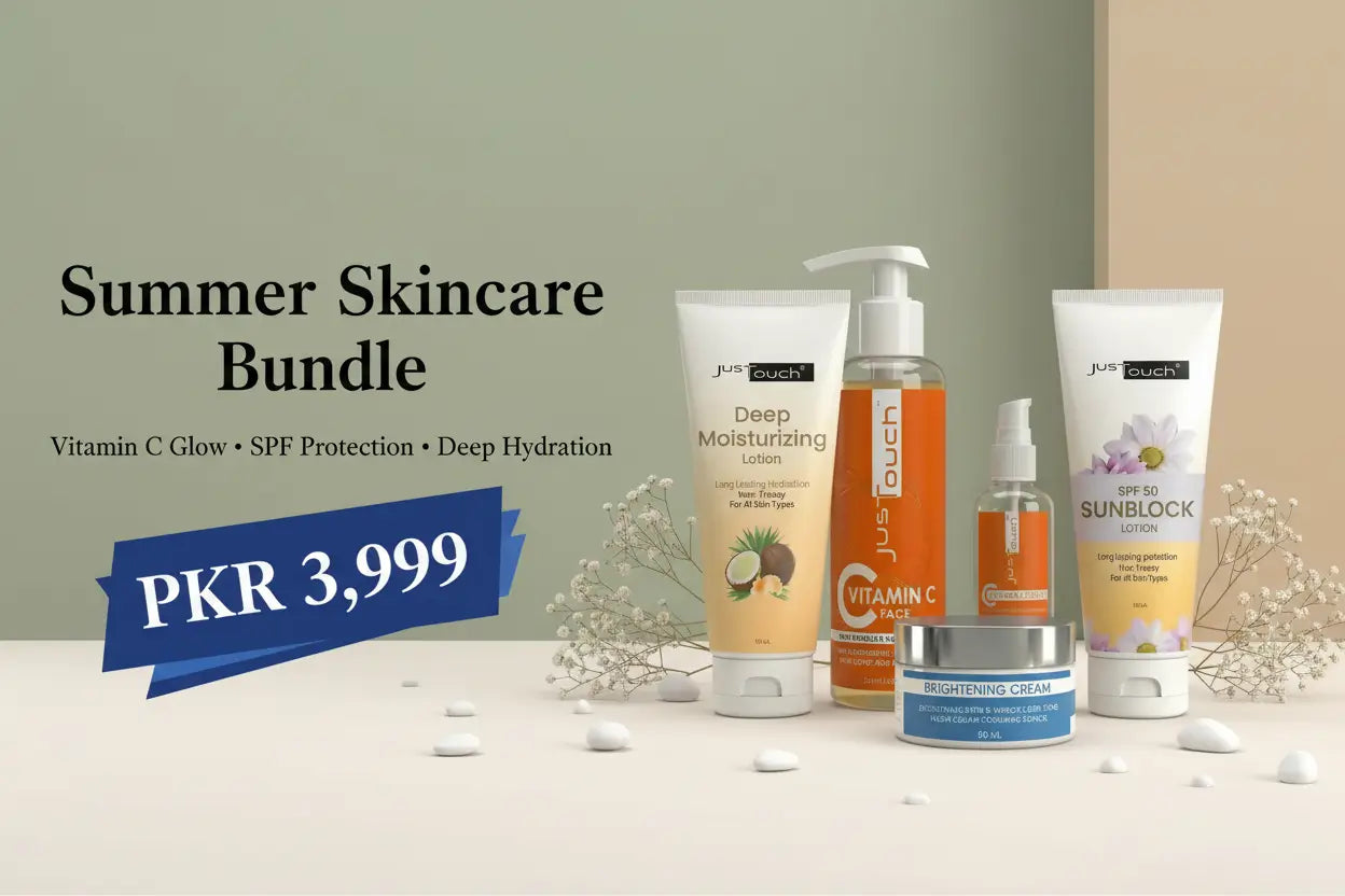 JusTouch Summer Skincare Bundle – Vitamin C Face Wash, Serum, SPF 50 Sunblock, Brightening Cream & Deep Moisturizing Lotion – Complete Routine at PKR 3,999 in Pakistan