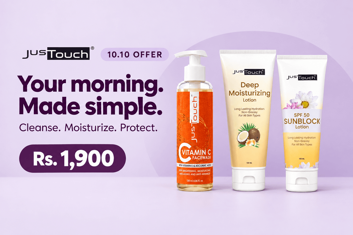 Three JusTouch skincare products displayed on a light lavender background with promotional text: a Vitamin C Facial Wash pump bottle, a Deep Moisturizing Lotion tube, and a SPF 50 Sunblock Lotion tube. Offer text reads 'Your morning.