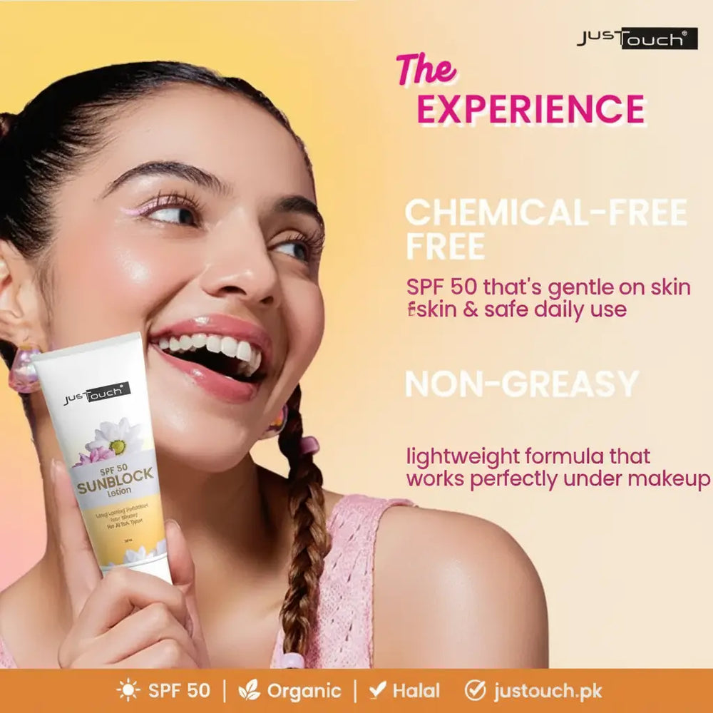 SPF 50 organic halal sunscreen in a white tube with pump, held by a model against neutral background – non-greasy, chemical-free lightweight formula for daily use, justouch.pk product packaging
