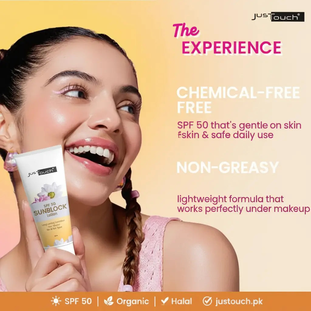 SPF 50 organic halal sunscreen in a white tube with pump, held by a model against neutral background – non-greasy, chemical-free lightweight formula for daily use, justouch.pk product packaging