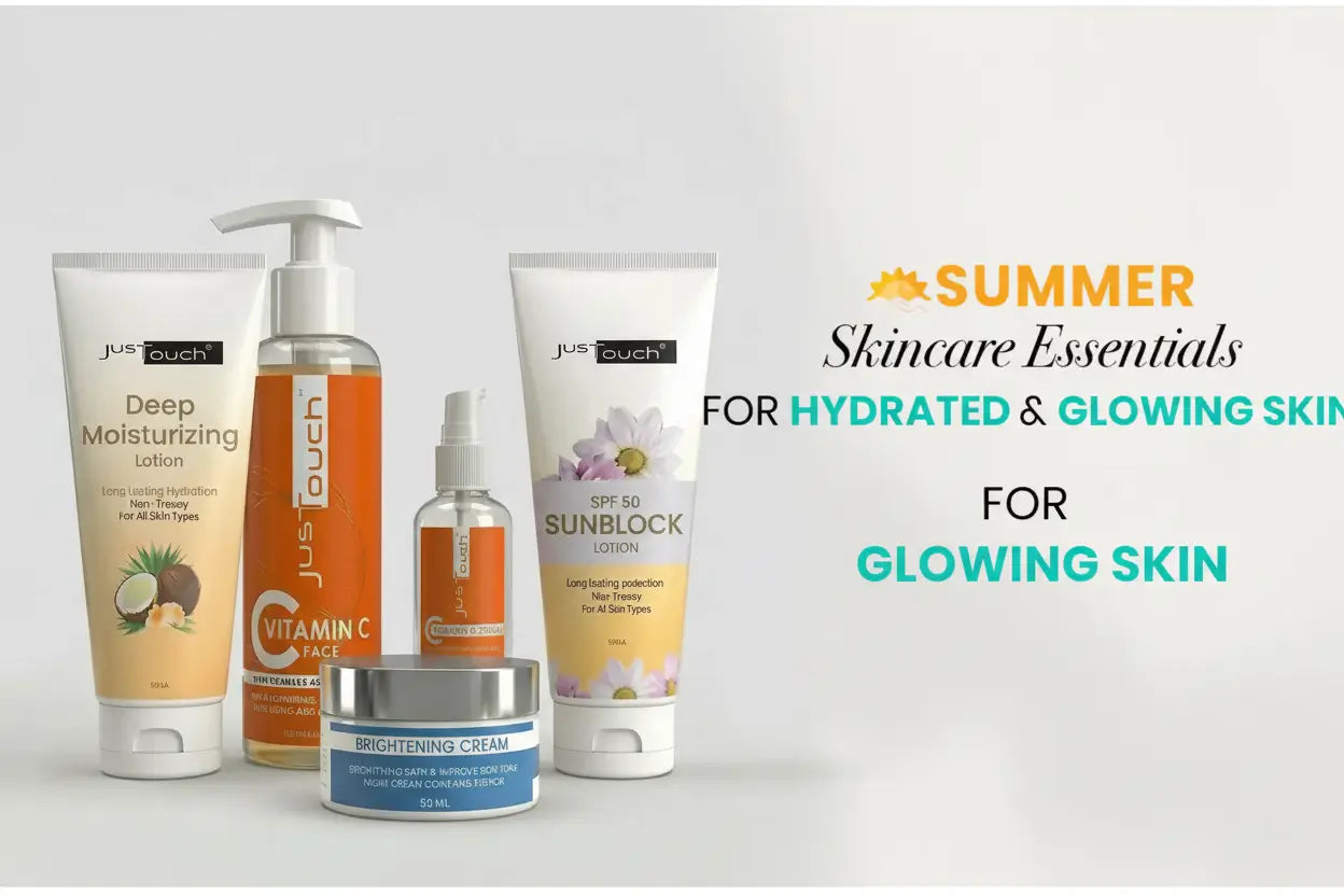 JusTouch Summer Skincare Bundle – Deep Moisturizing Lotion, Vitamin C Face Wash, Serum, Brightening Cream & SPF 50 Sunblock for Hydrated Glowing Skin